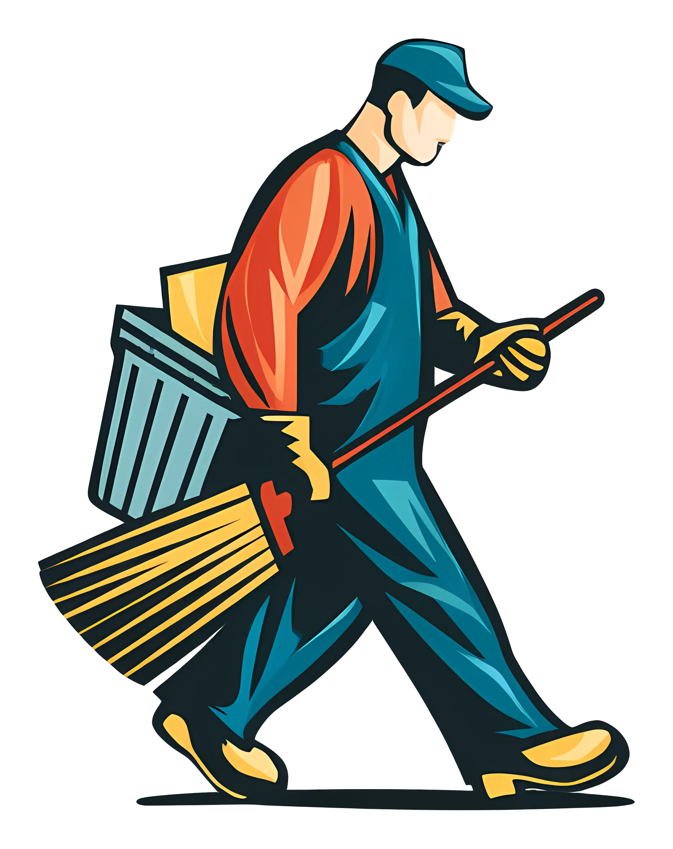 Cartoon worker with broom