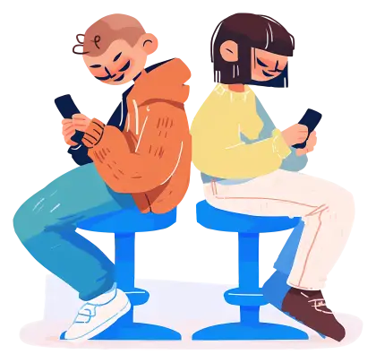 Two People Using Phones on Stools