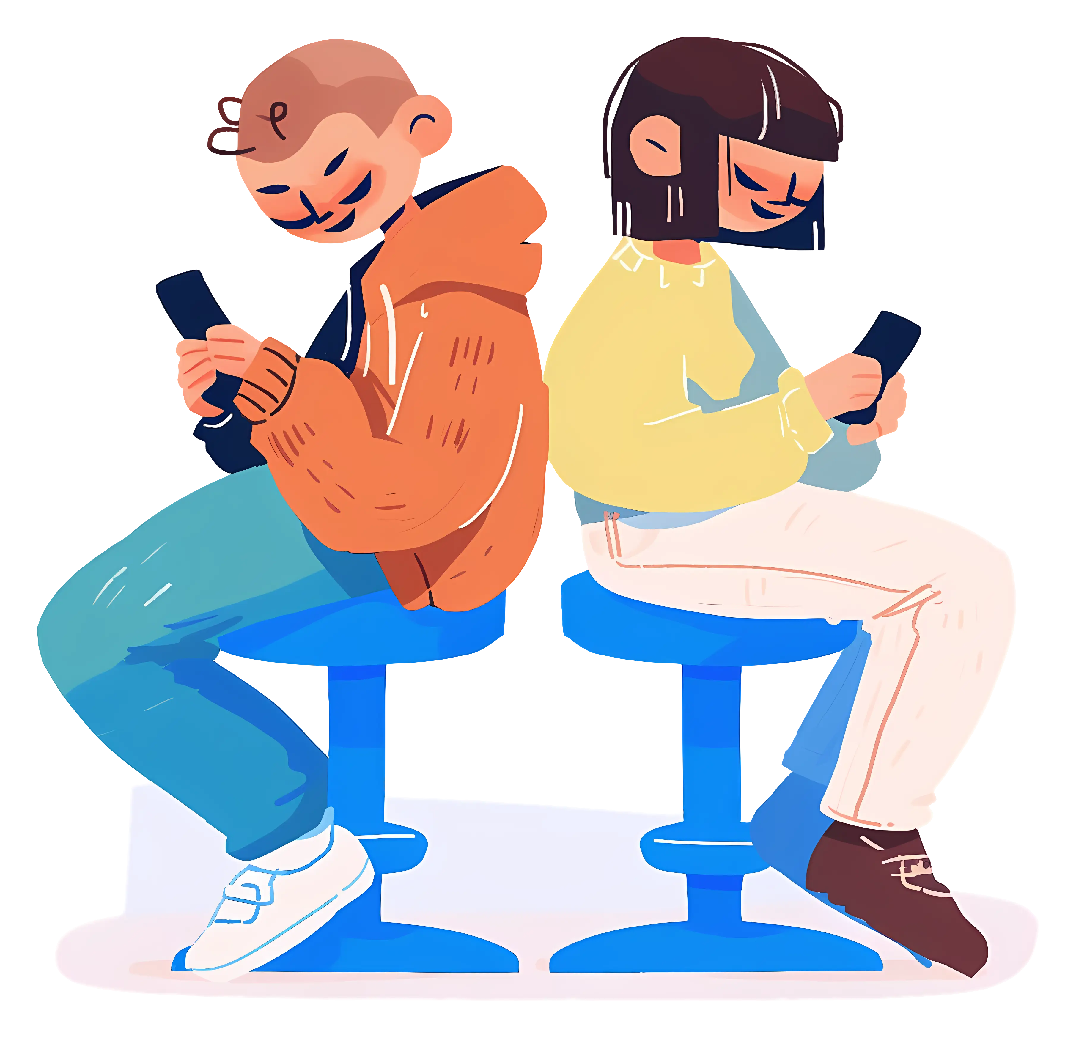 Two People Using Phones on Stools