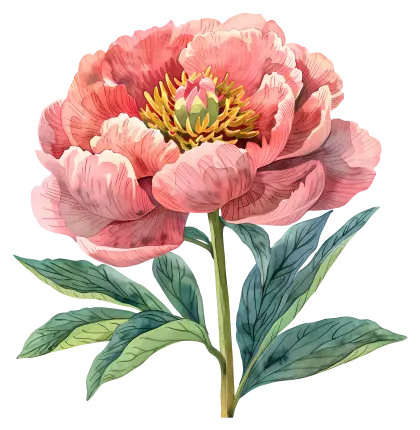 Botanical Illustration of Pink Flower with Green Leaves