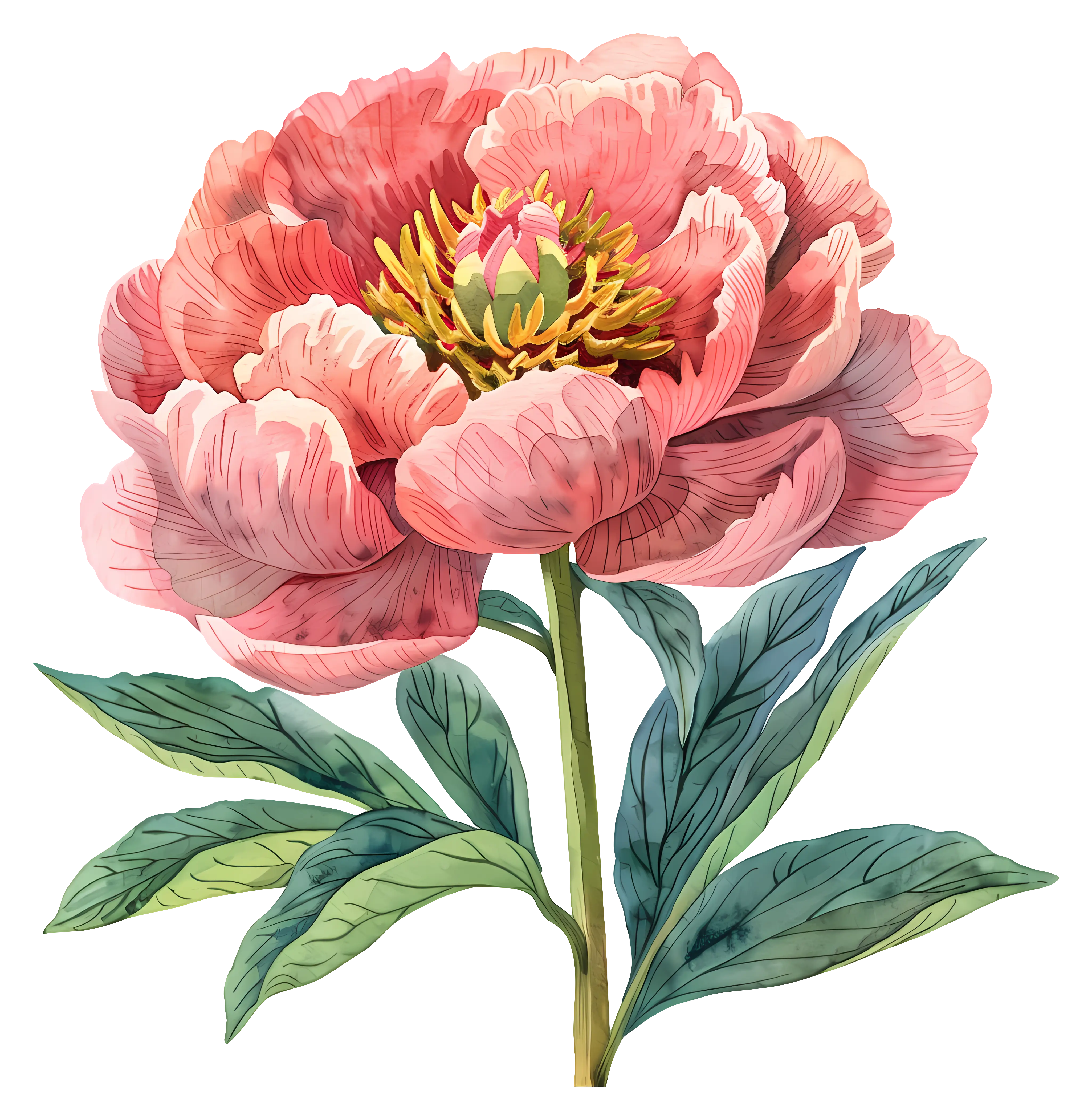 Botanical Illustration of Pink Flower with Green Leaves