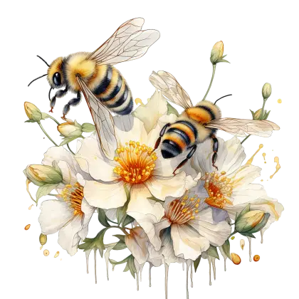 Illustration of Bees Pollinating White Flowers