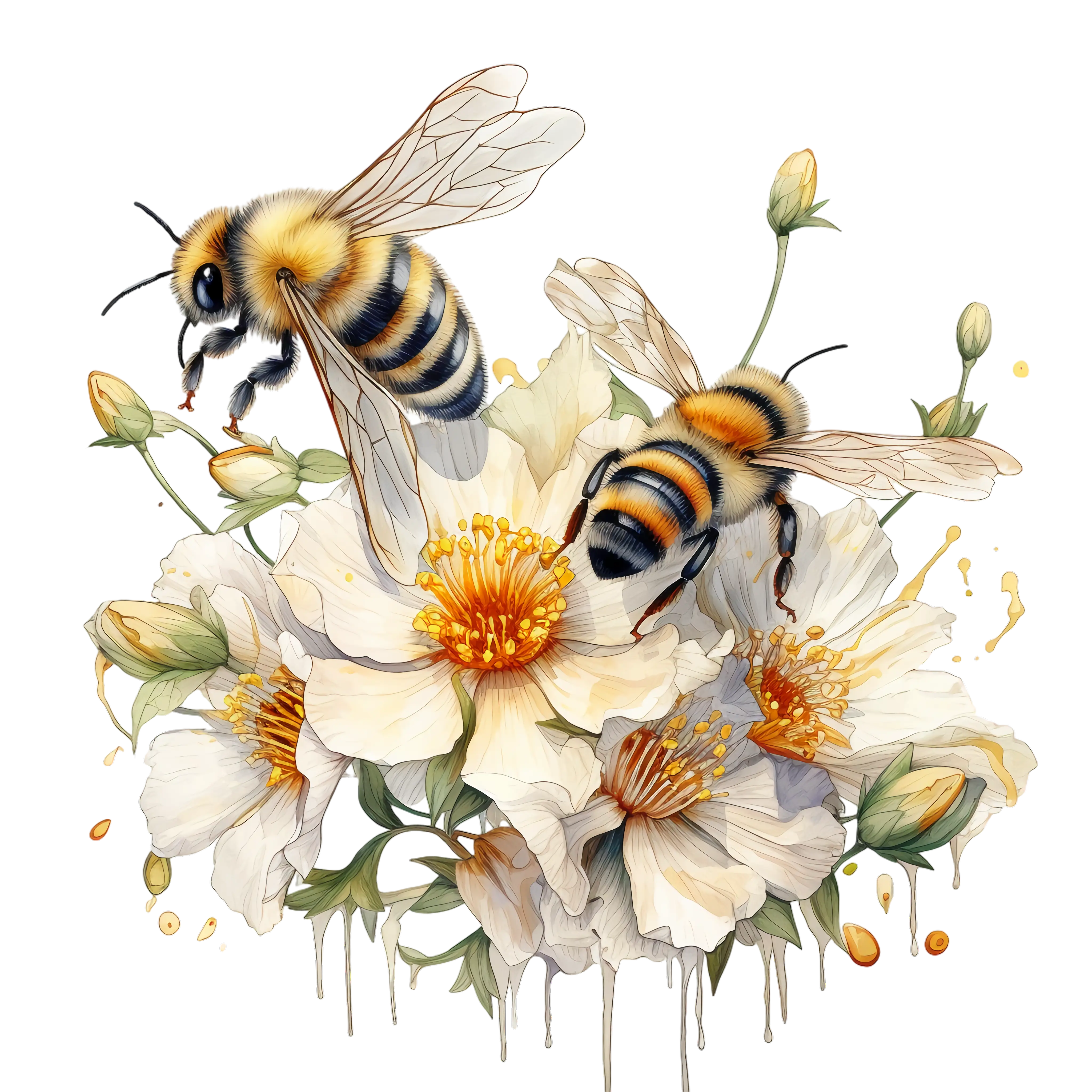 Illustration of Bees Pollinating White Flowers