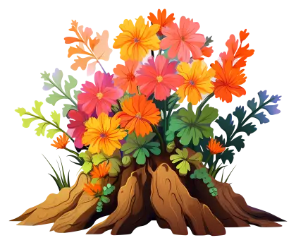 Colorful Flowers with Green Leaves on Tree Stump