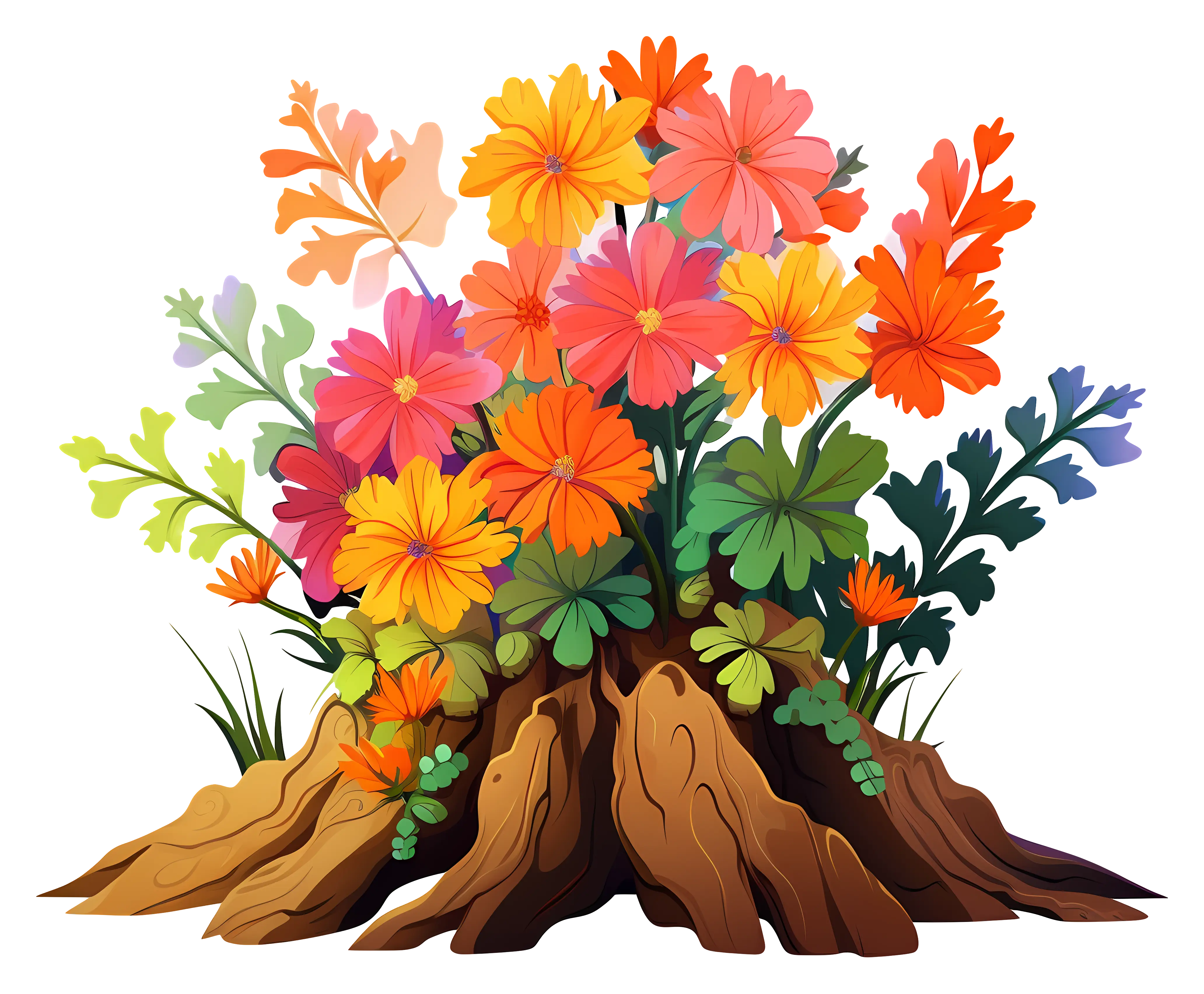 Colorful Flowers with Green Leaves on Tree Stump