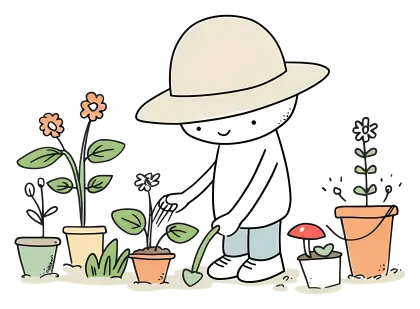 Cartoon Gardener Planting Flowers