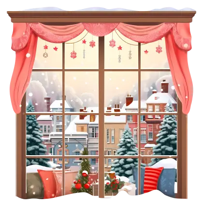 Snowy Winter Town View Through Decorated Window