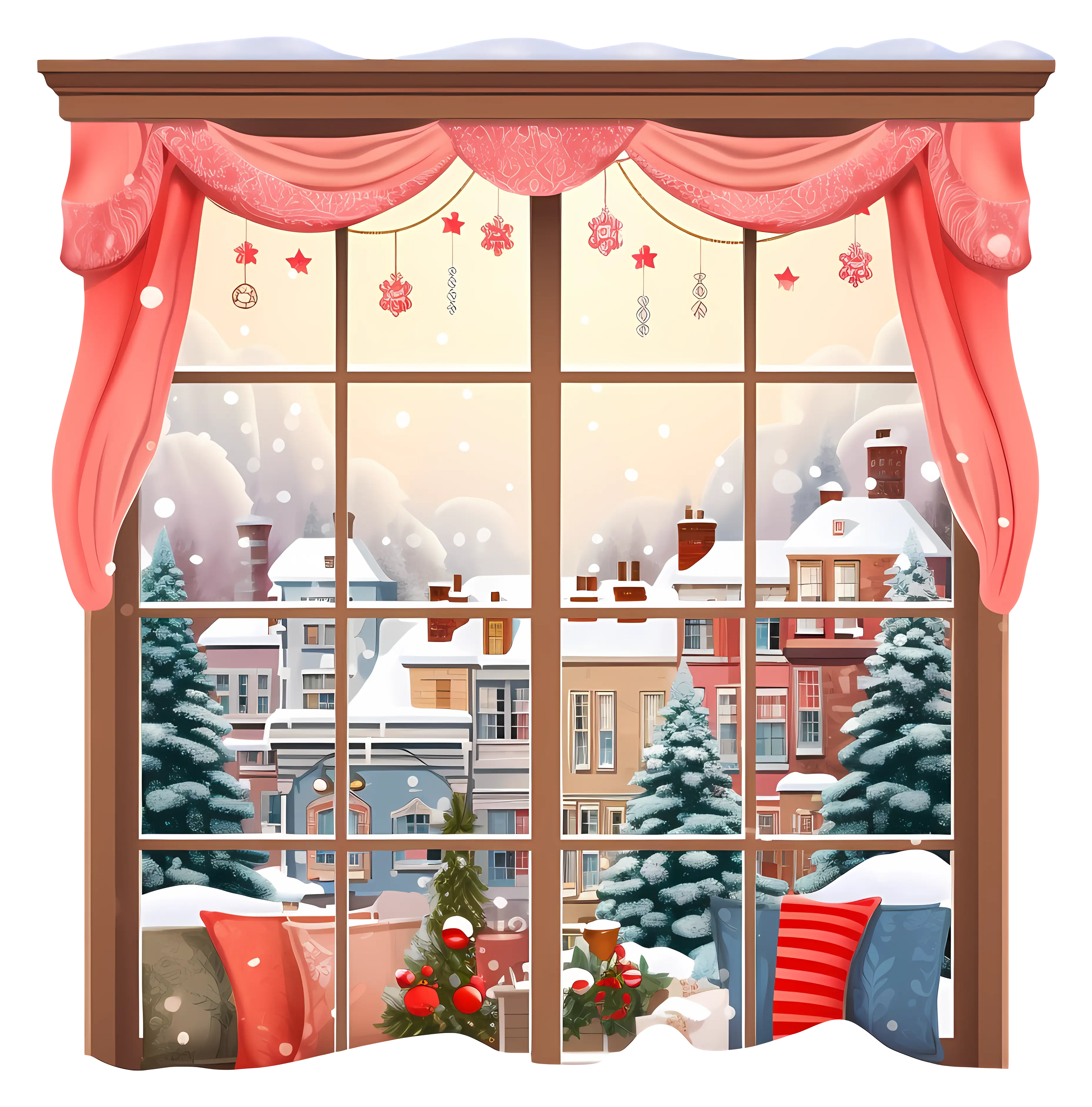 Snowy Winter Town View Through Decorated Window