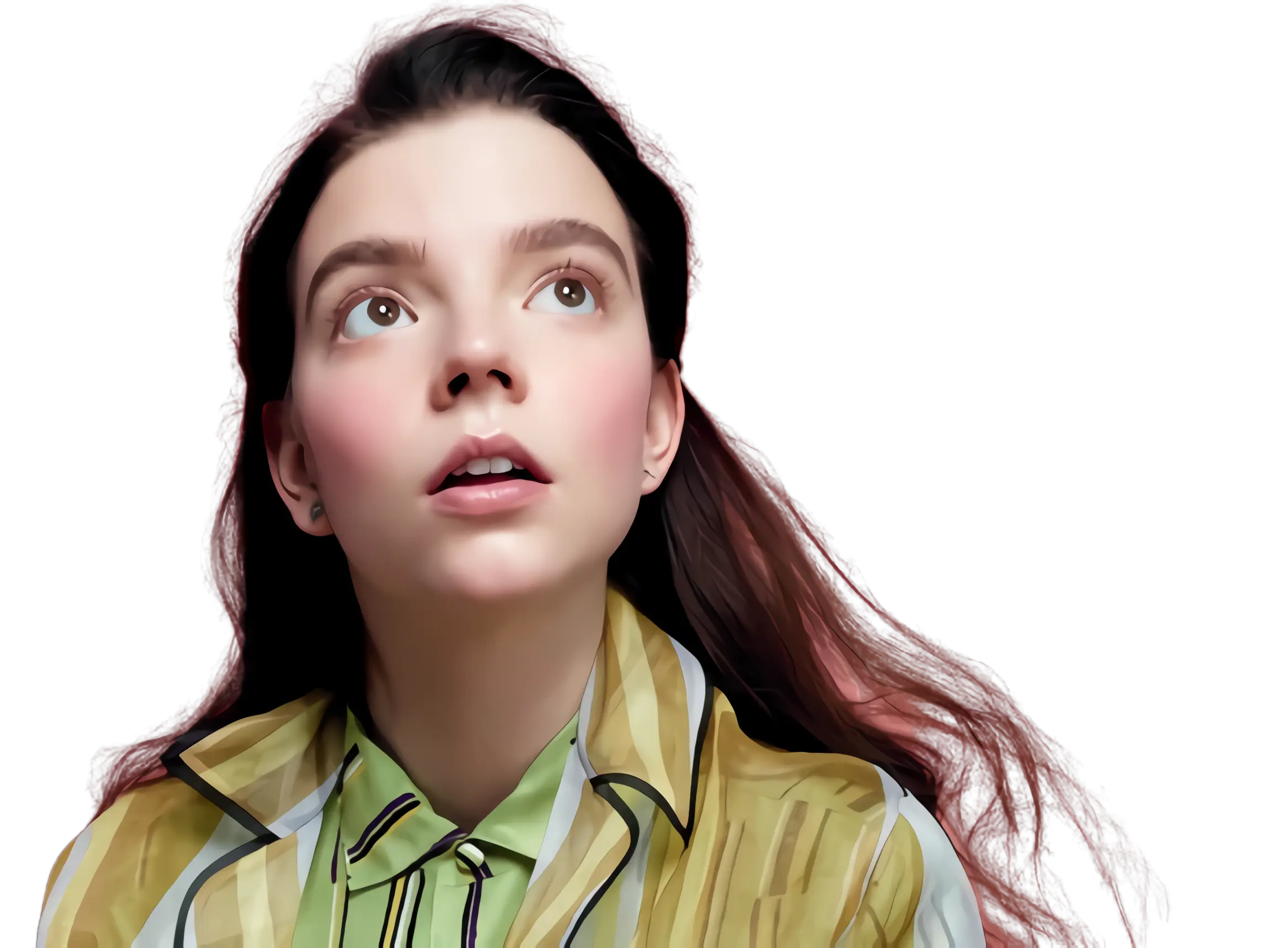 Woman Looking Up with Curious Expression