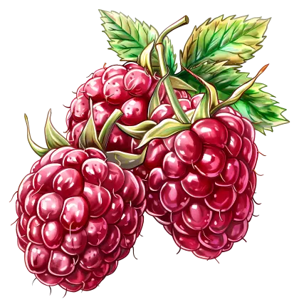Fresh Illustrated Raspberries with Leaves