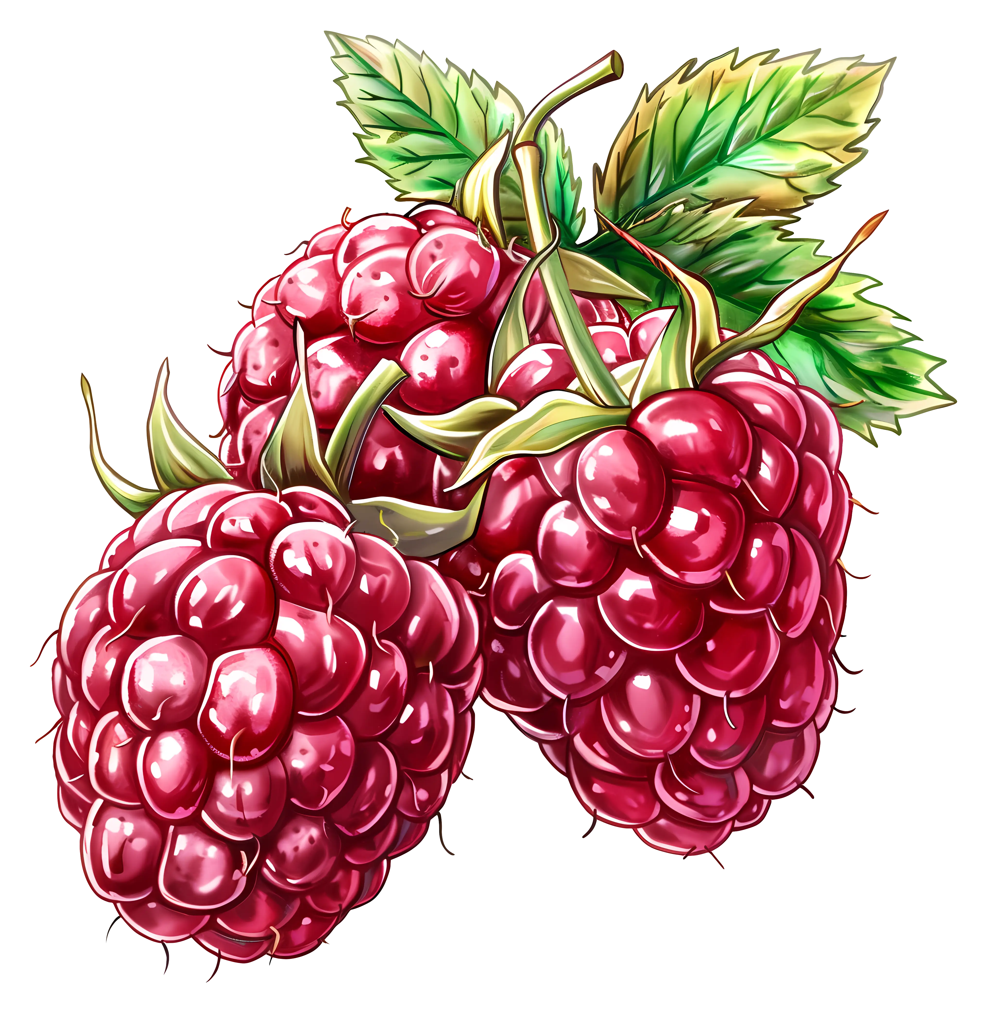Fresh Illustrated Raspberries with Leaves
