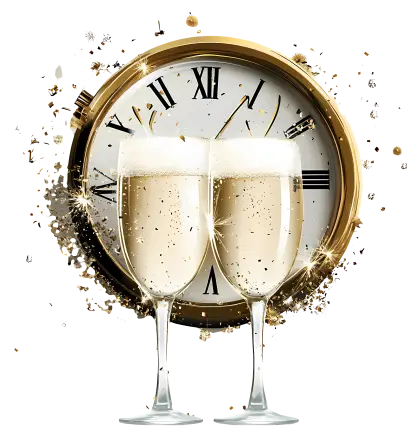 Champagne Glasses and Clock for New Year&#039;s Celebration