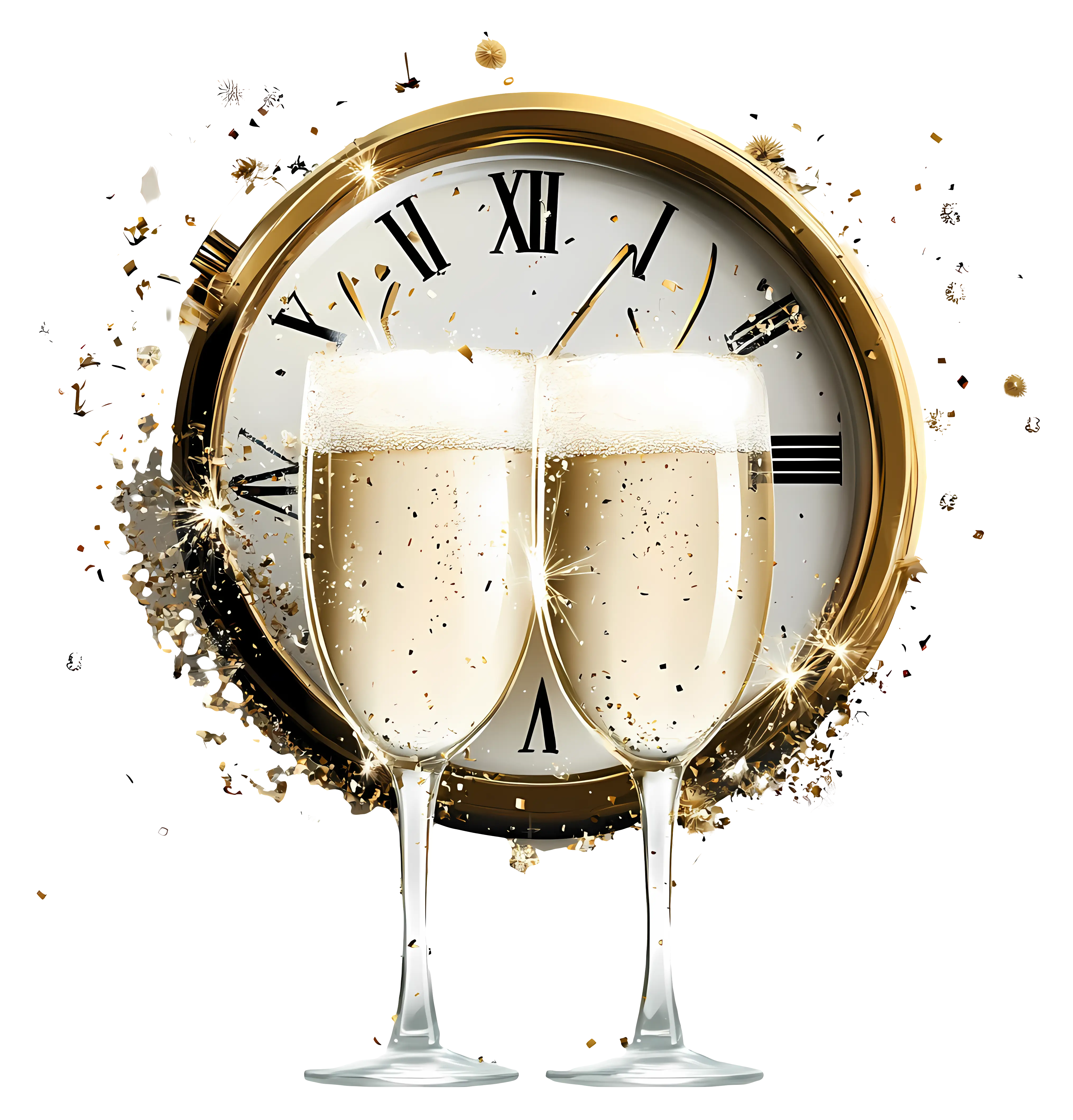 Champagne Glasses and Clock for New Year's Celebration