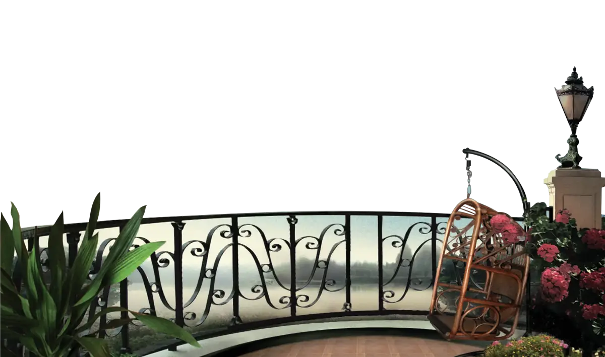 Wrought Iron Balcony with Hanging Chair and Plants