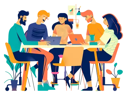 Group of Coworkers at Table in Cartoon Style