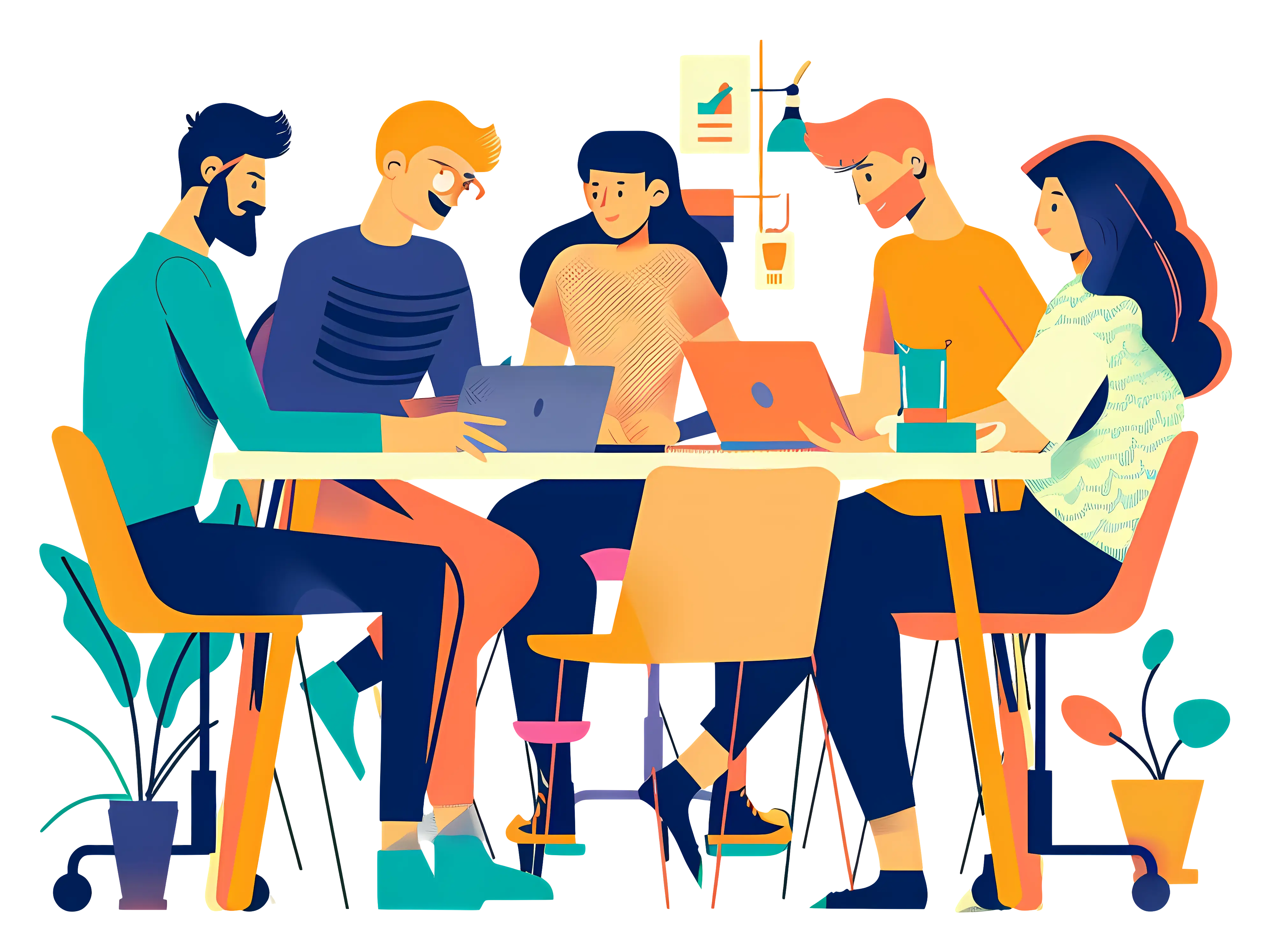 Group of Coworkers at Table in Cartoon Style