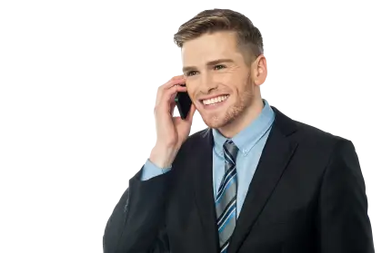 Smiling Man in Suit on Phone