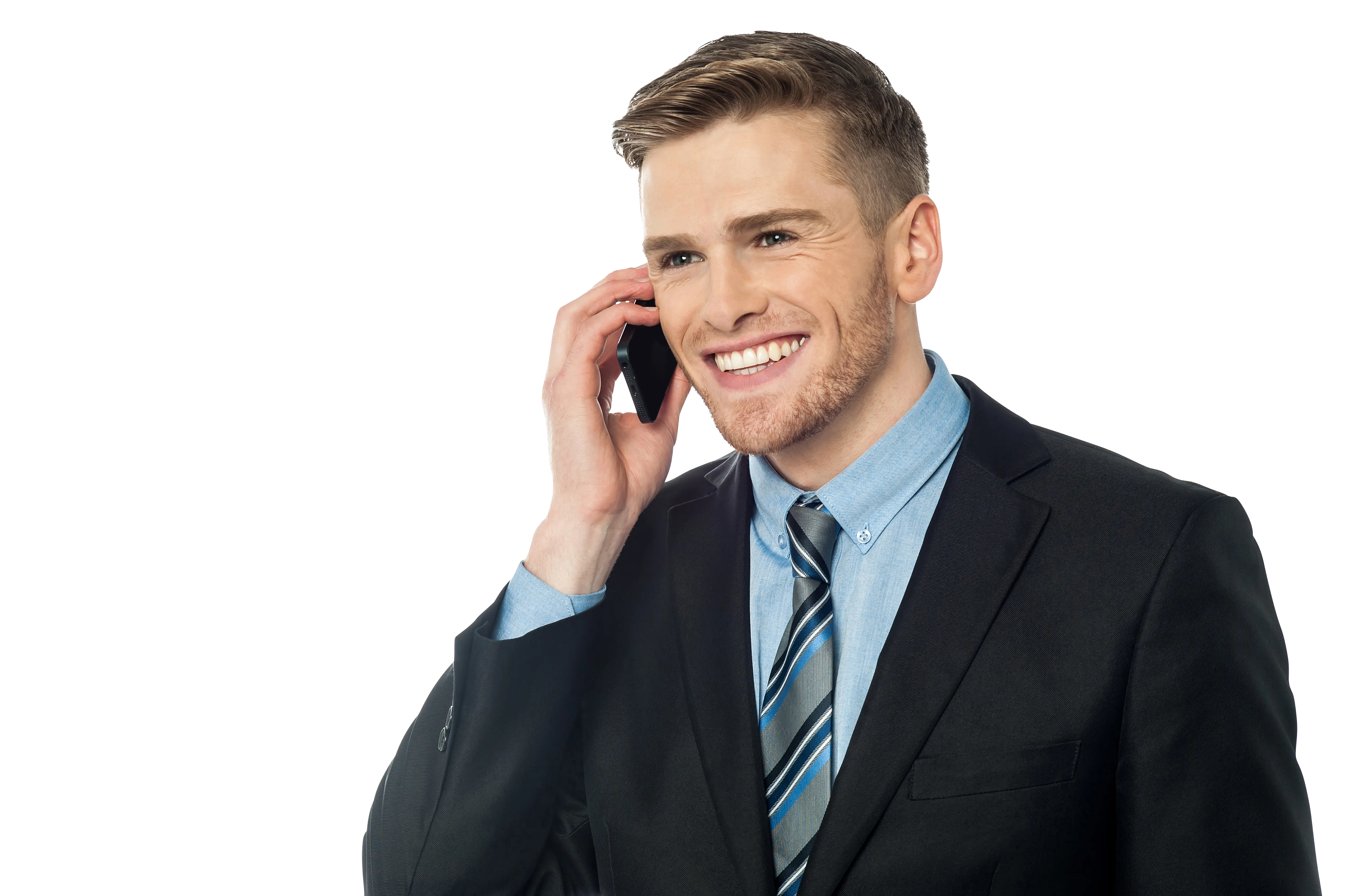 Smiling Man in Suit on Phone