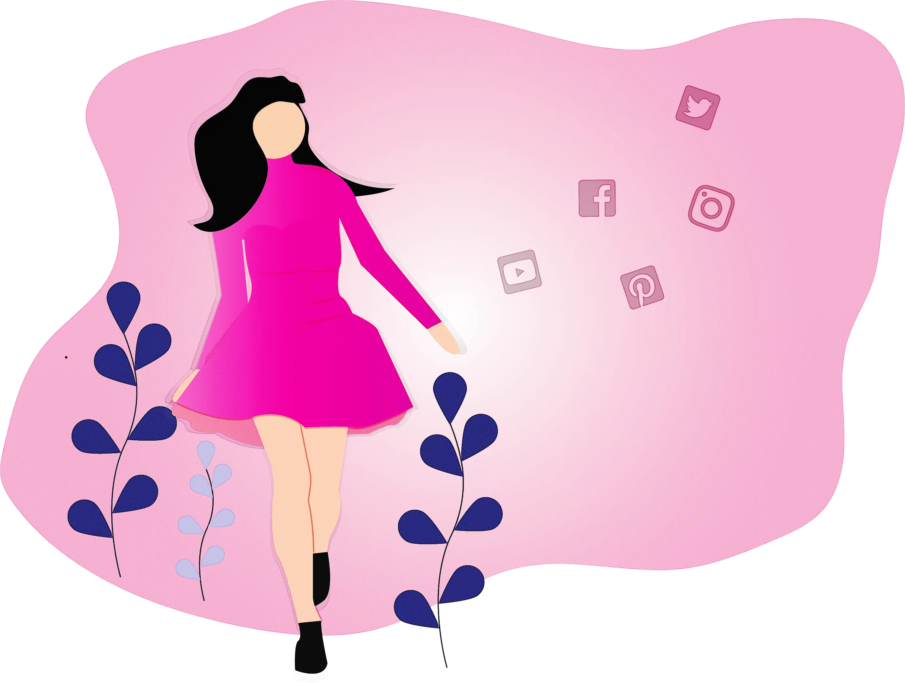 Stylish Woman in Pink Dress with Social Media Icons