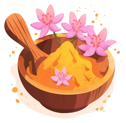 Wooden Bowl with Saffron Powder and Flowers