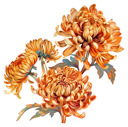 Orange Chrysanthemums in Vintage Illustration