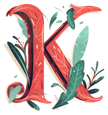 Botanical Letter K with Leaves and Flowers