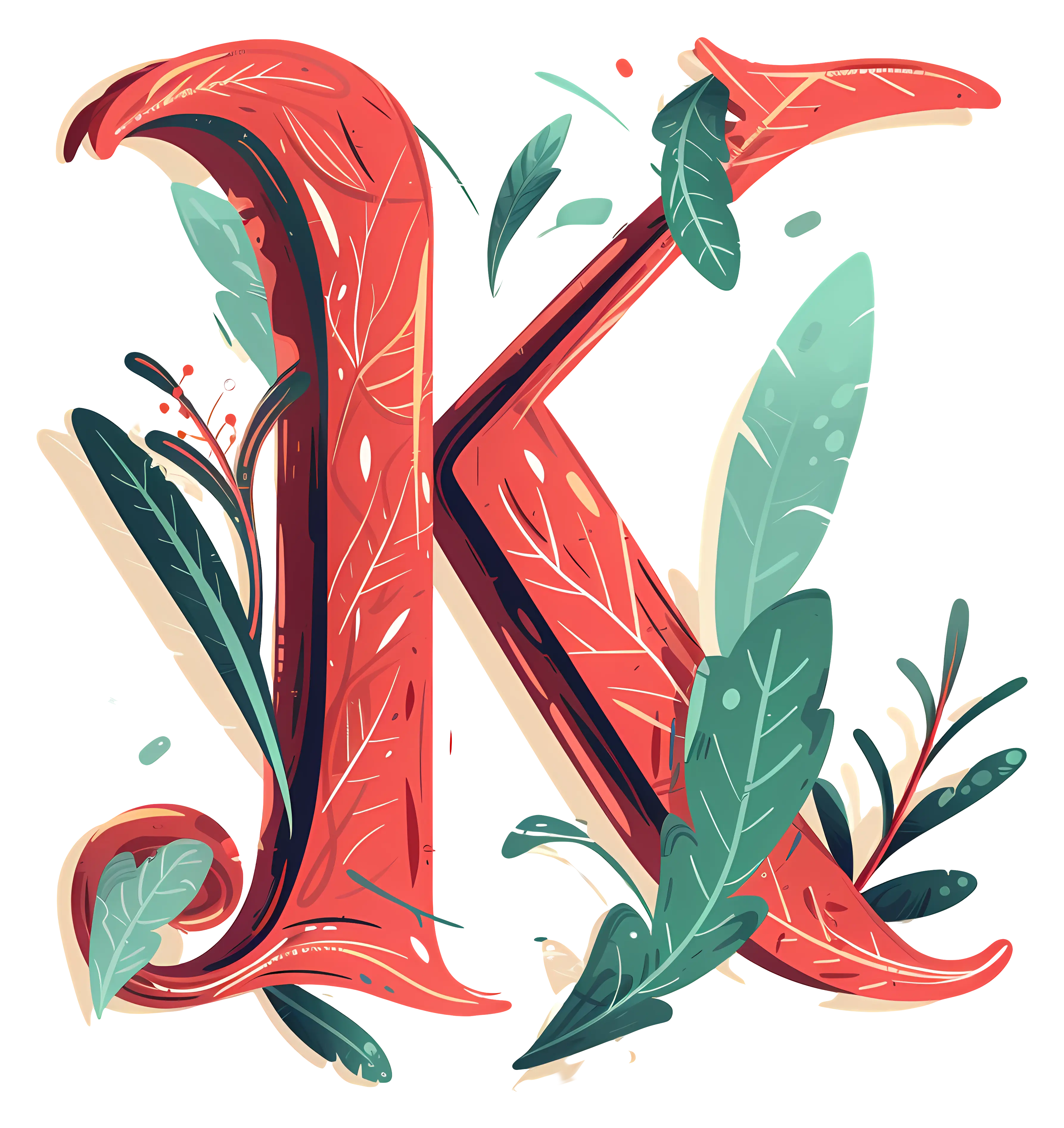 Botanical Letter K with Leaves and Flowers