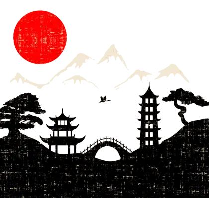 Asian Landscape with Pagoda and Sun