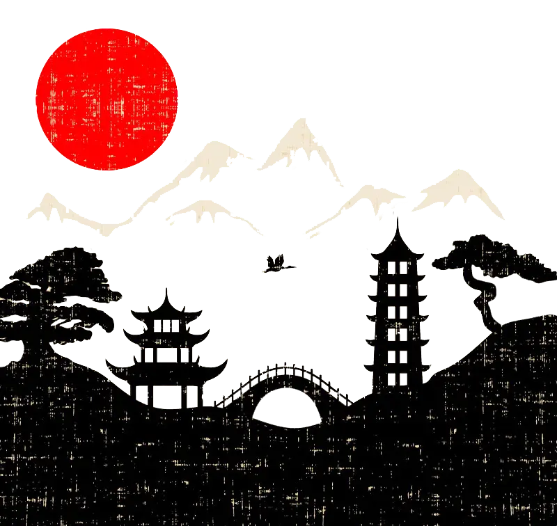 Asian Landscape with Pagoda and Sun