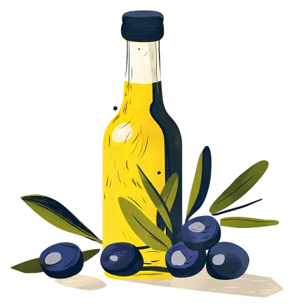 Stylized olive oil bottle with olives