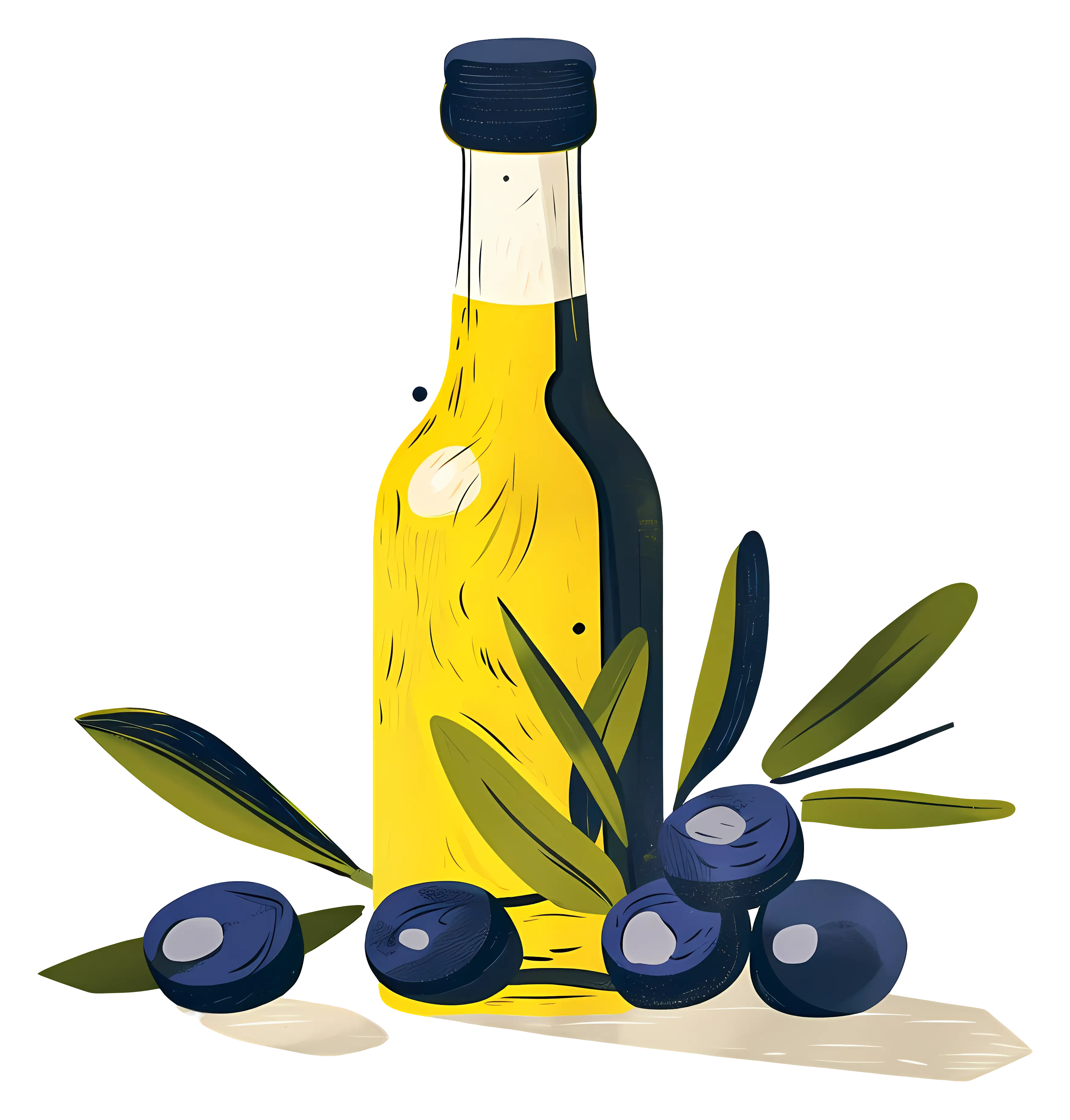 Stylized olive oil bottle with olives