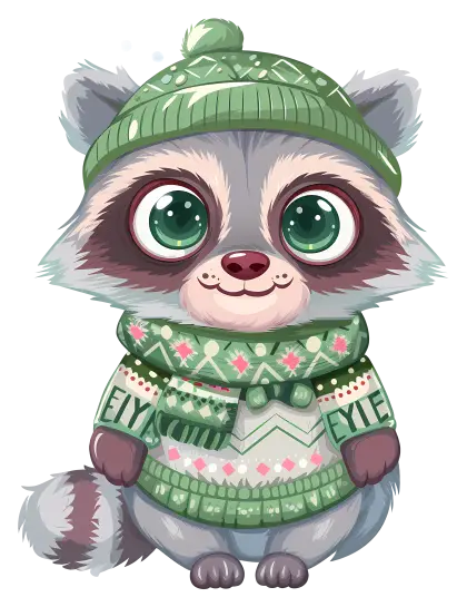Cute Cartoon Raccoon in Winter Green Sweater
