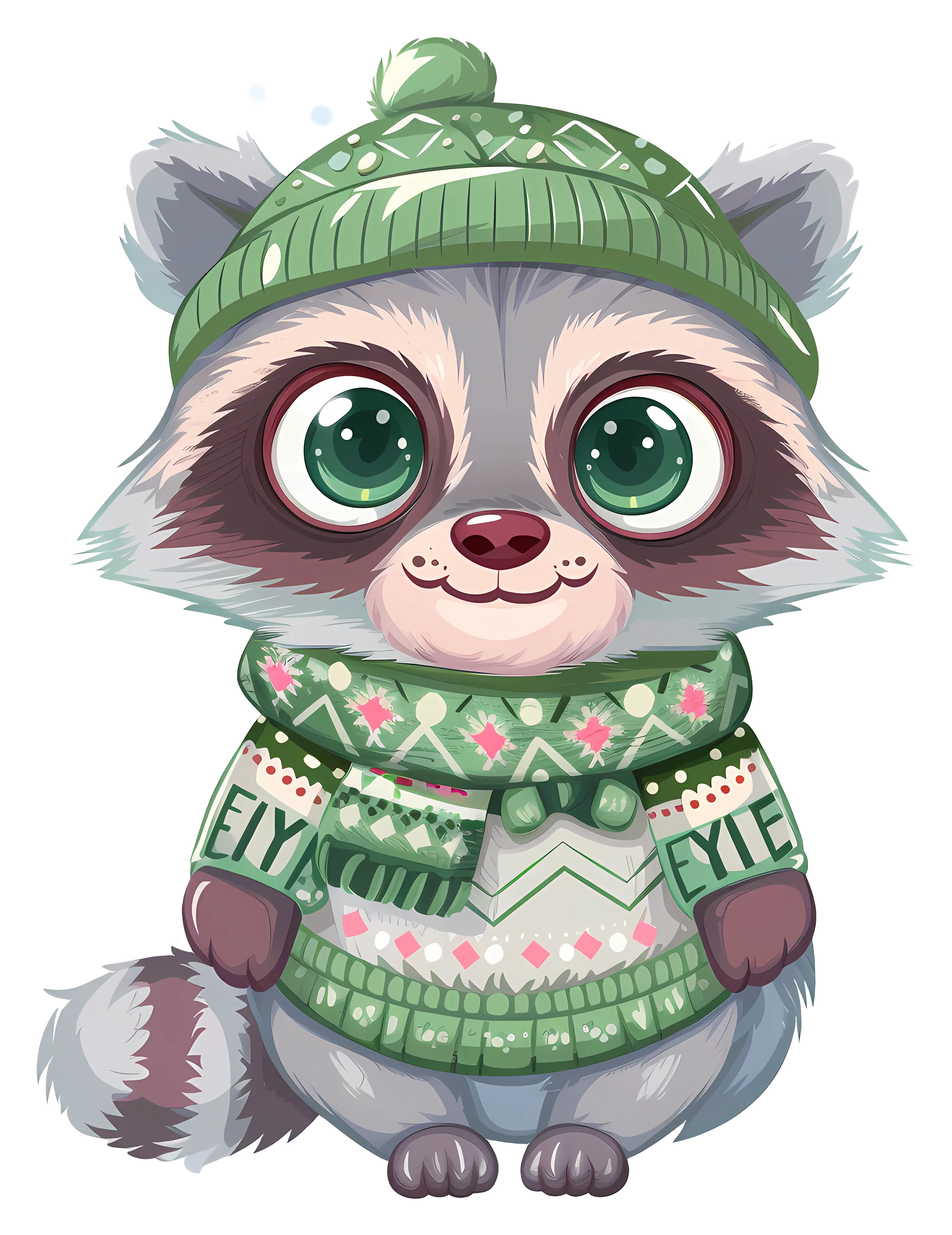 Cute Cartoon Raccoon in Winter Green Sweater