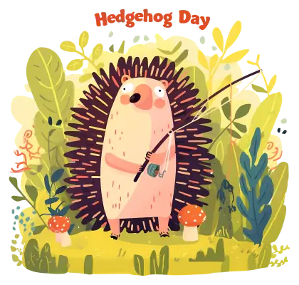 Cute Hedgehog with Fishing Rod in Forest