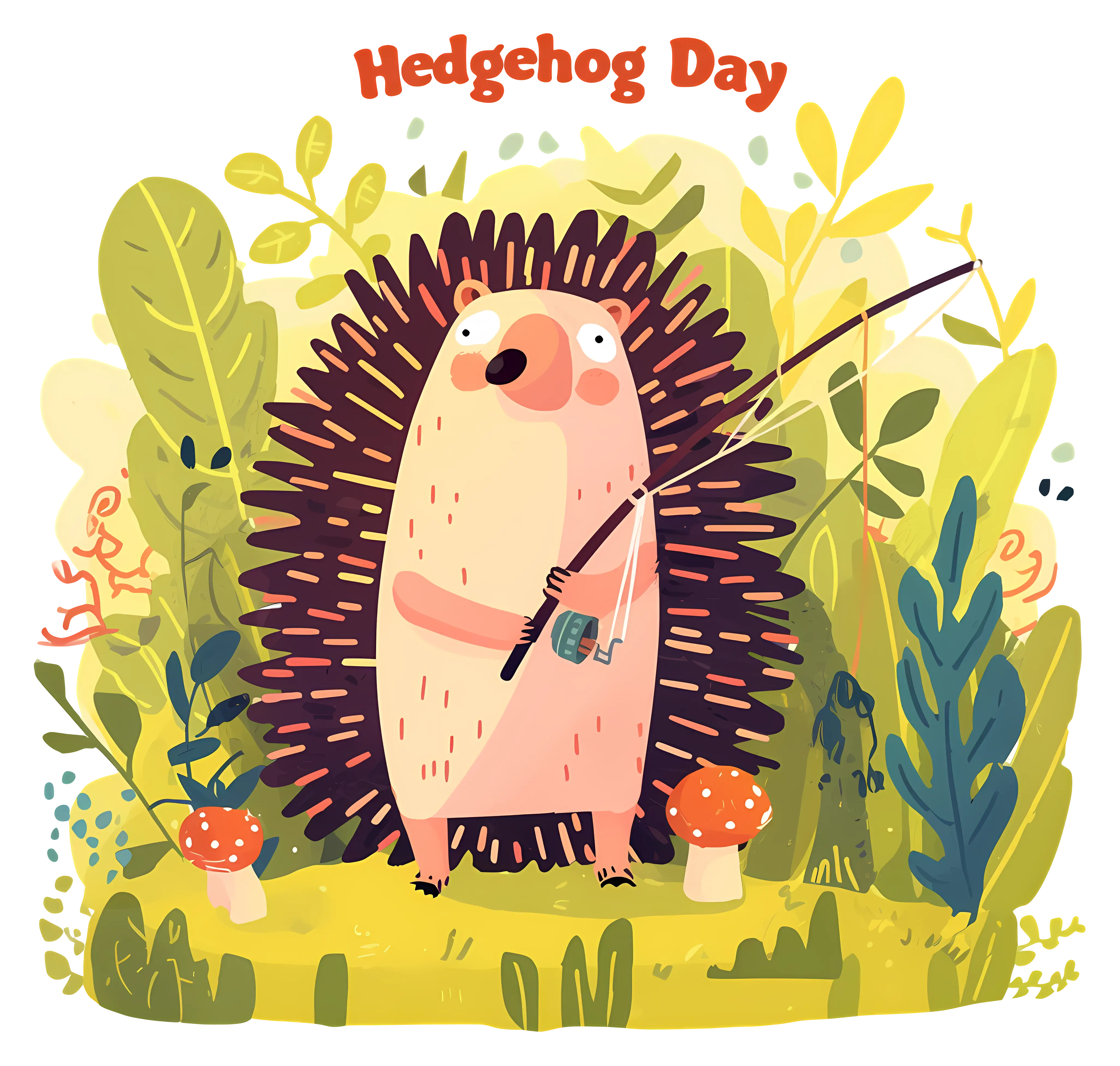Cute Hedgehog with Fishing Rod in Forest