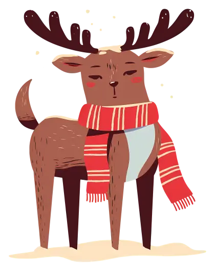 Brown Reindeer with Red Scarf in Winter Illustration