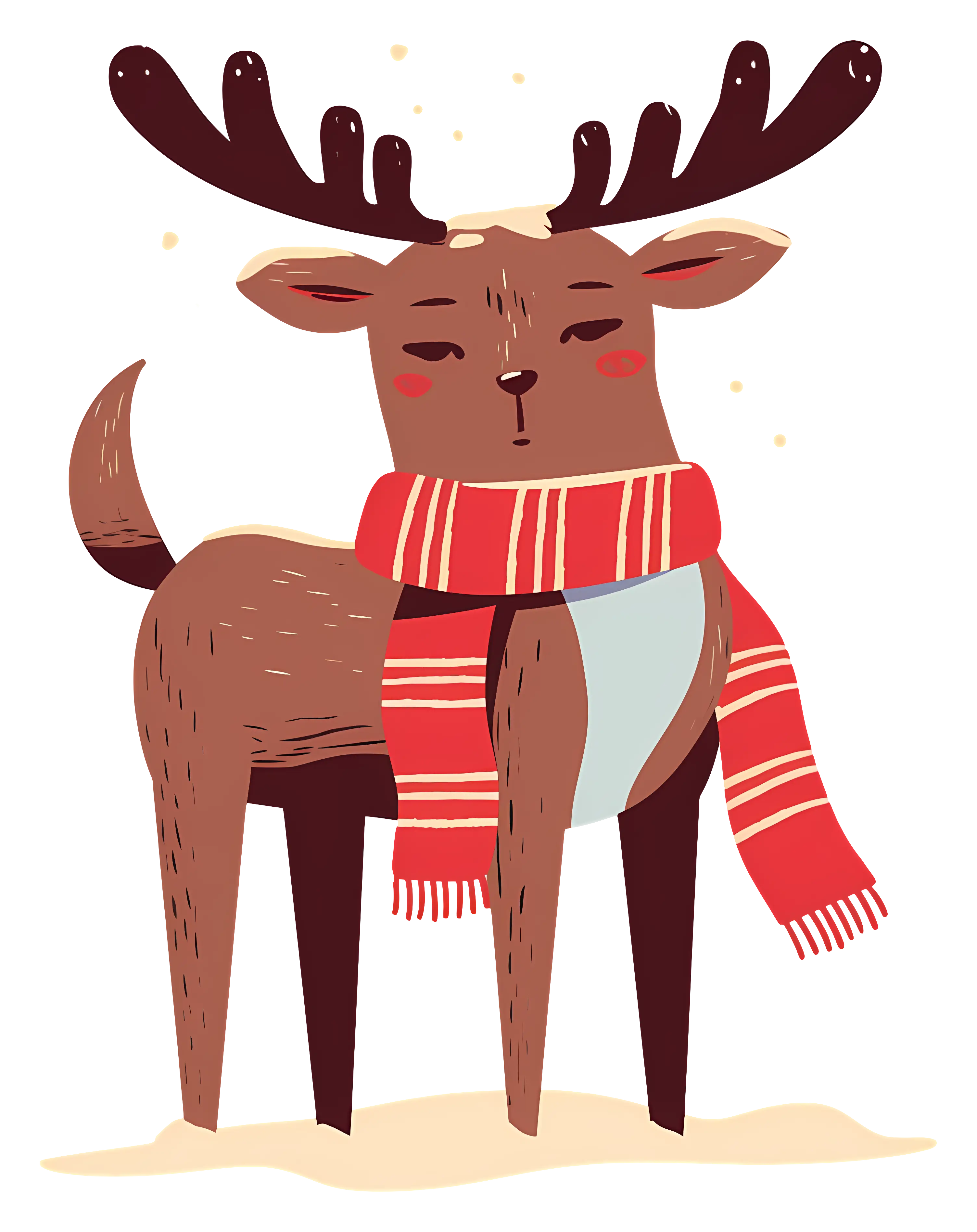Brown Reindeer with Red Scarf in Winter Illustration