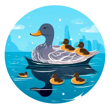 Cartoon Duck with Ducklings on Water