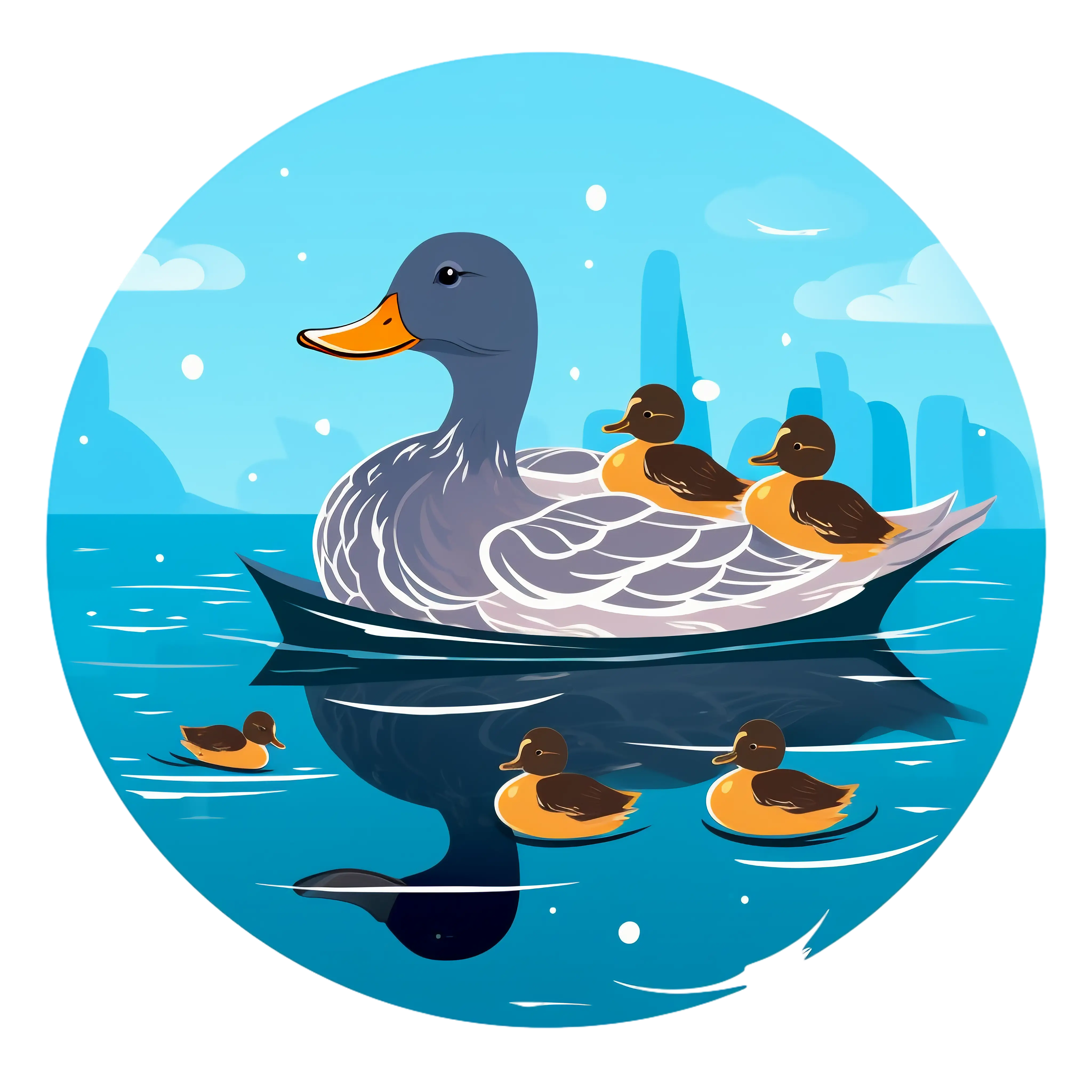 Cartoon Duck with Ducklings on Water