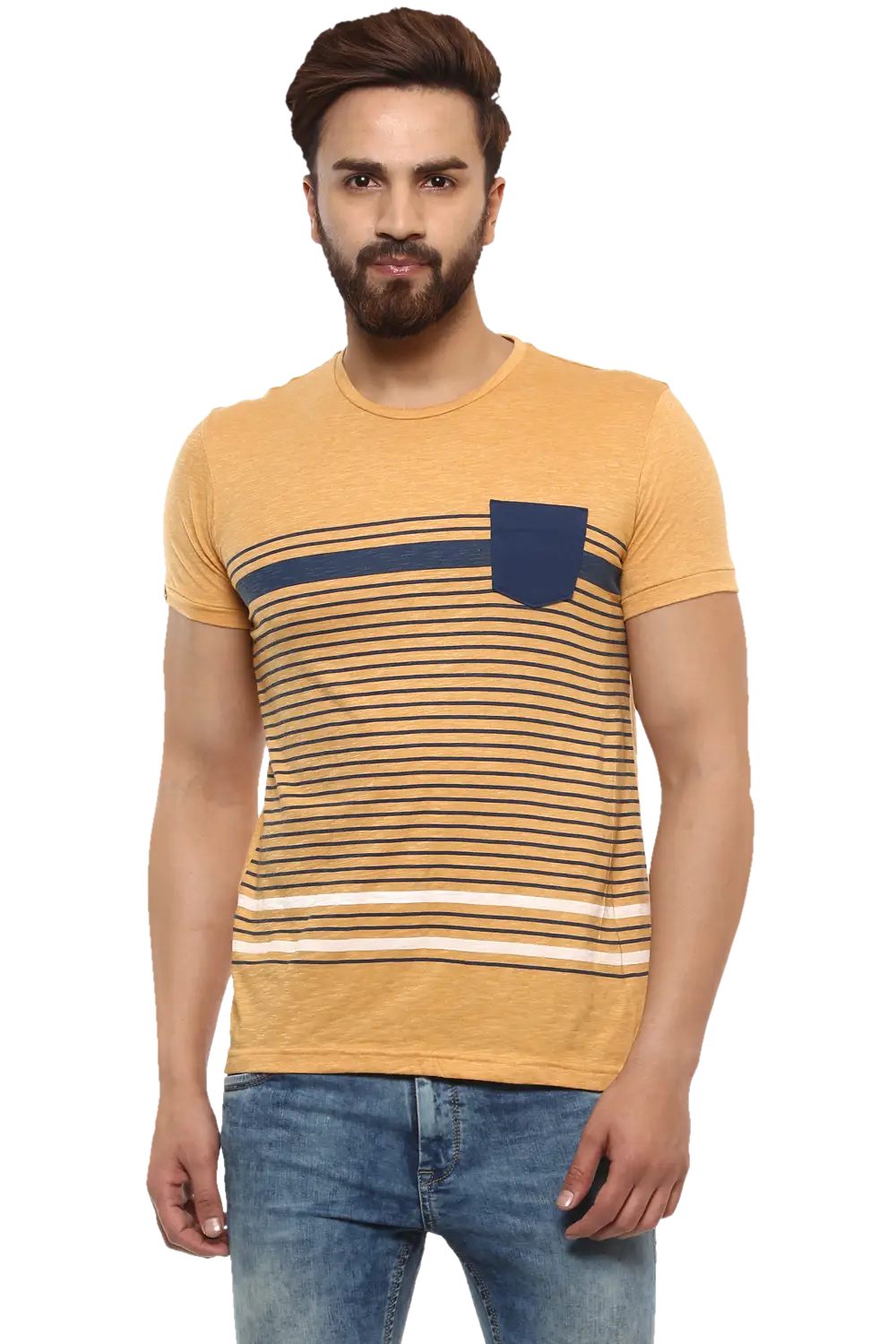 Man in Casual Striped Shirt and Jeans