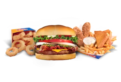 Combo Meal with Burger, Fries, and Onion Rings
