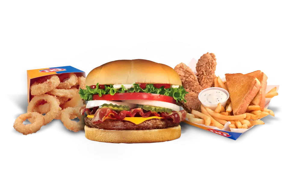 Combo Meal with Burger, Fries, and Onion Rings