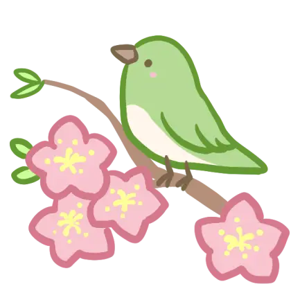 Cartoon Green Bird Sitting on a Flowering Branch
