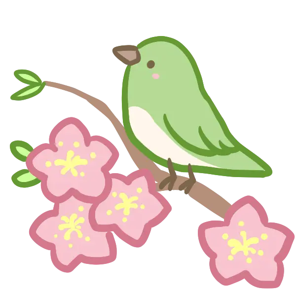 Cartoon Green Bird Sitting on a Flowering Branch