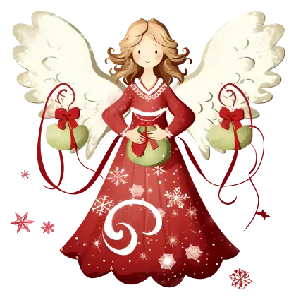 Angel in Red Dress with Christmas Decorations