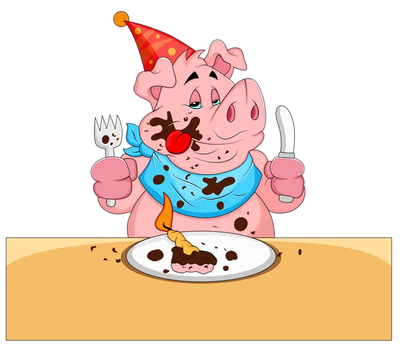 Cartoon Pig Enjoying a Meal at a Party