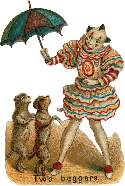 Colorful Clown with Umbrella and Beggars