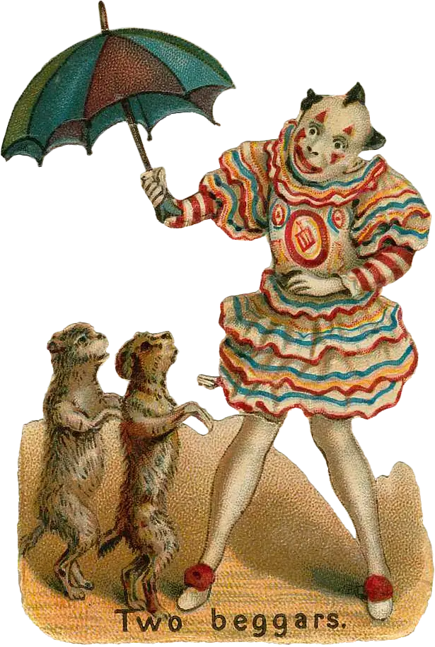 Colorful Clown with Umbrella and Beggars