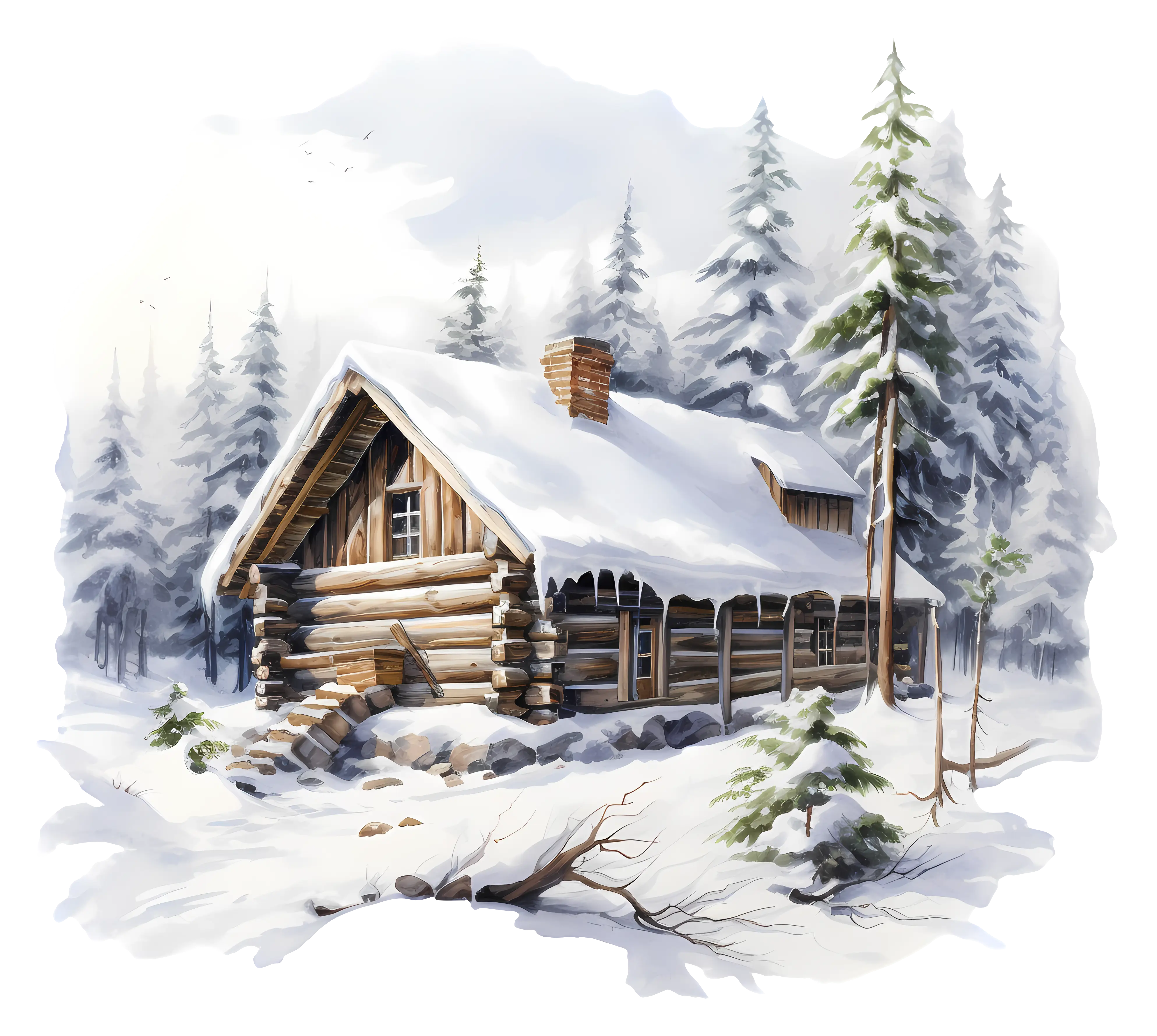Charming Snow-Covered Cabin in Winter Forest