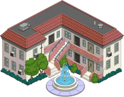 Cartoon Apartment Complex with Fountain